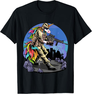 Unicorn Shooting A Gun I Unicorn Warrior I Soldier Unicorn T-Shirt - T-Shirt | Black