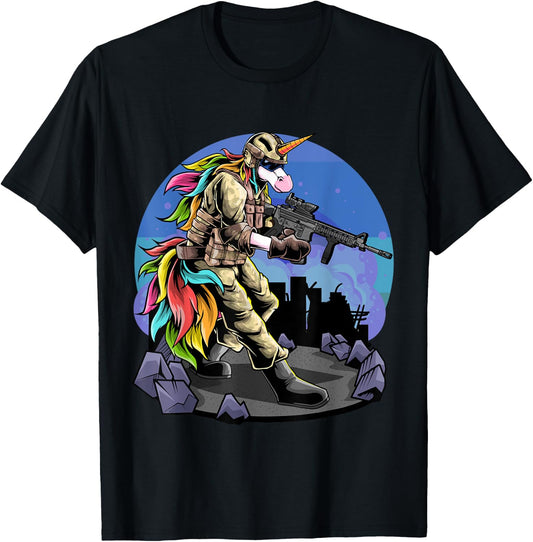 Unicorn Shooting A Gun I Unicorn Warrior I Soldier Unicorn T-Shirt - T-Shirt | Black