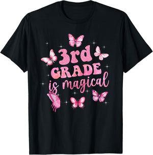 3rd Grade Is Magical Pink Butterfly Girls Back To School T-Shirt - T-Shirt | Black