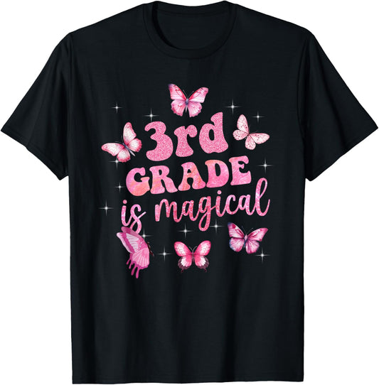 3rd Grade Is Magical Pink Butterfly Girls Back To School T-Shirt - T-Shirt | Black