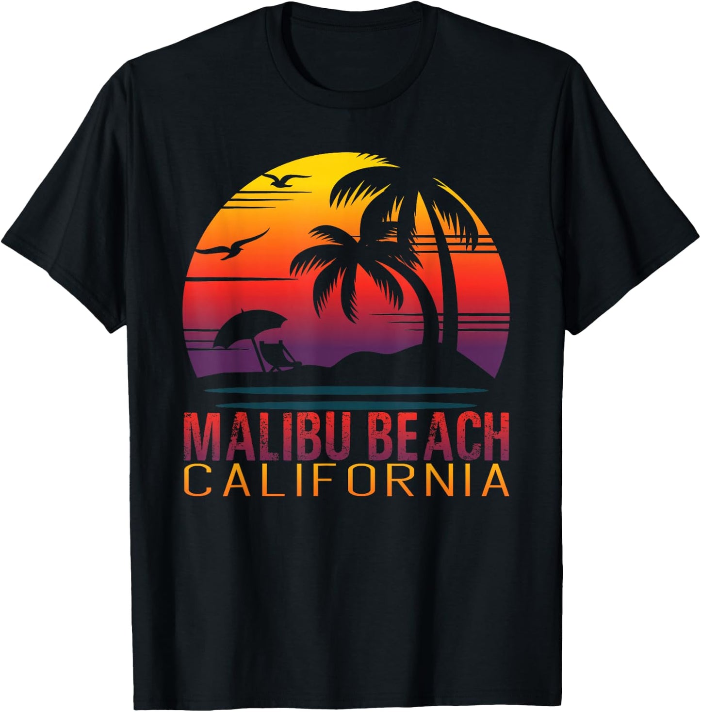 Retro Sunset Malibu Beach California Summer Vacation Gift T-Shirt - T-Shirt | Black