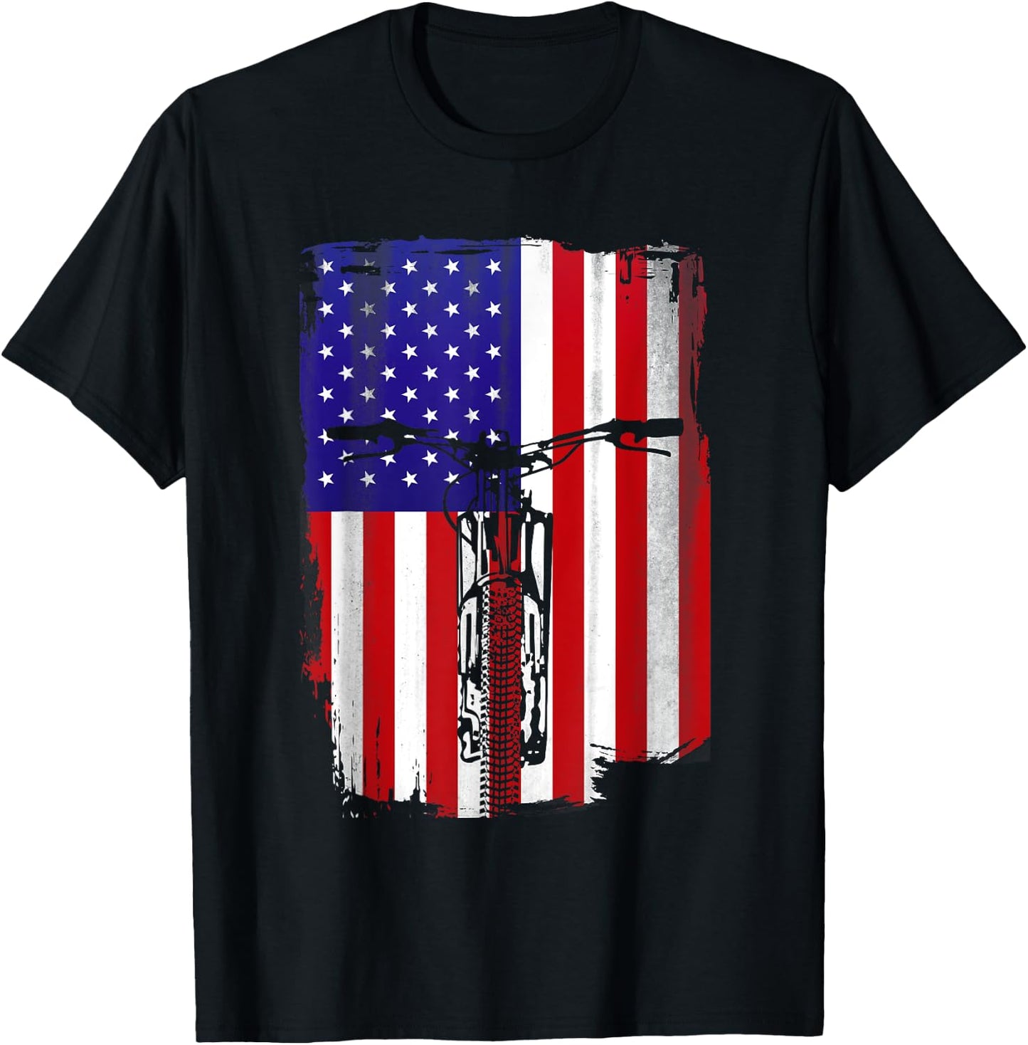 Mountain Biking American Flag Cycling USA Flag Mountain Bike Women Men T-Shirt - T-Shirt | Black