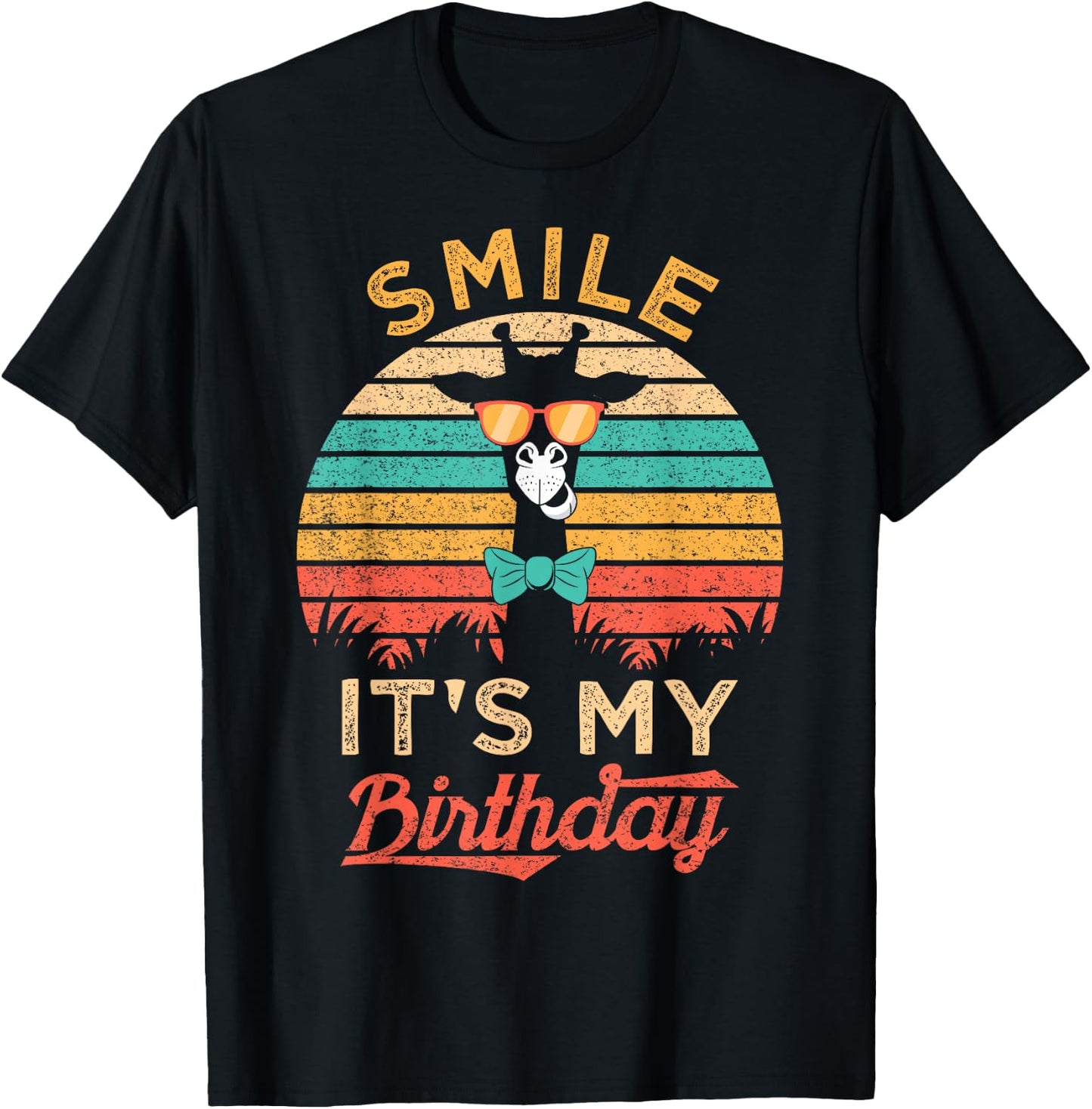 Smile It's My Birthday Funny Giraffe Glasses And Bow Tie T-Shirt - T-Shirt | Black