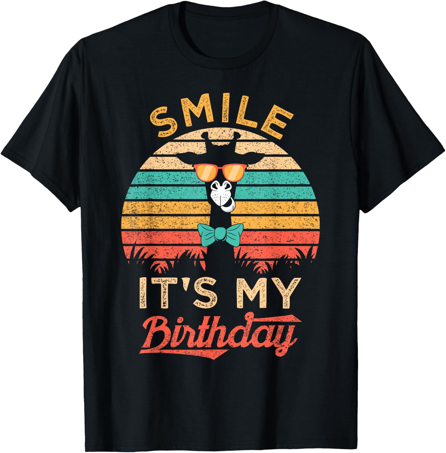 Smile It's My Birthday Funny Giraffe Glasses And Bow Tie T-Shirt - T-Shirt | Black