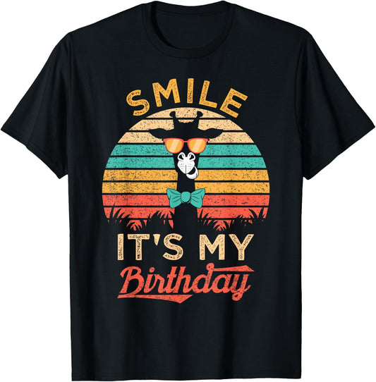 Smile It's My Birthday Funny Giraffe Glasses And Bow Tie T-Shirt - T-Shirt | Black