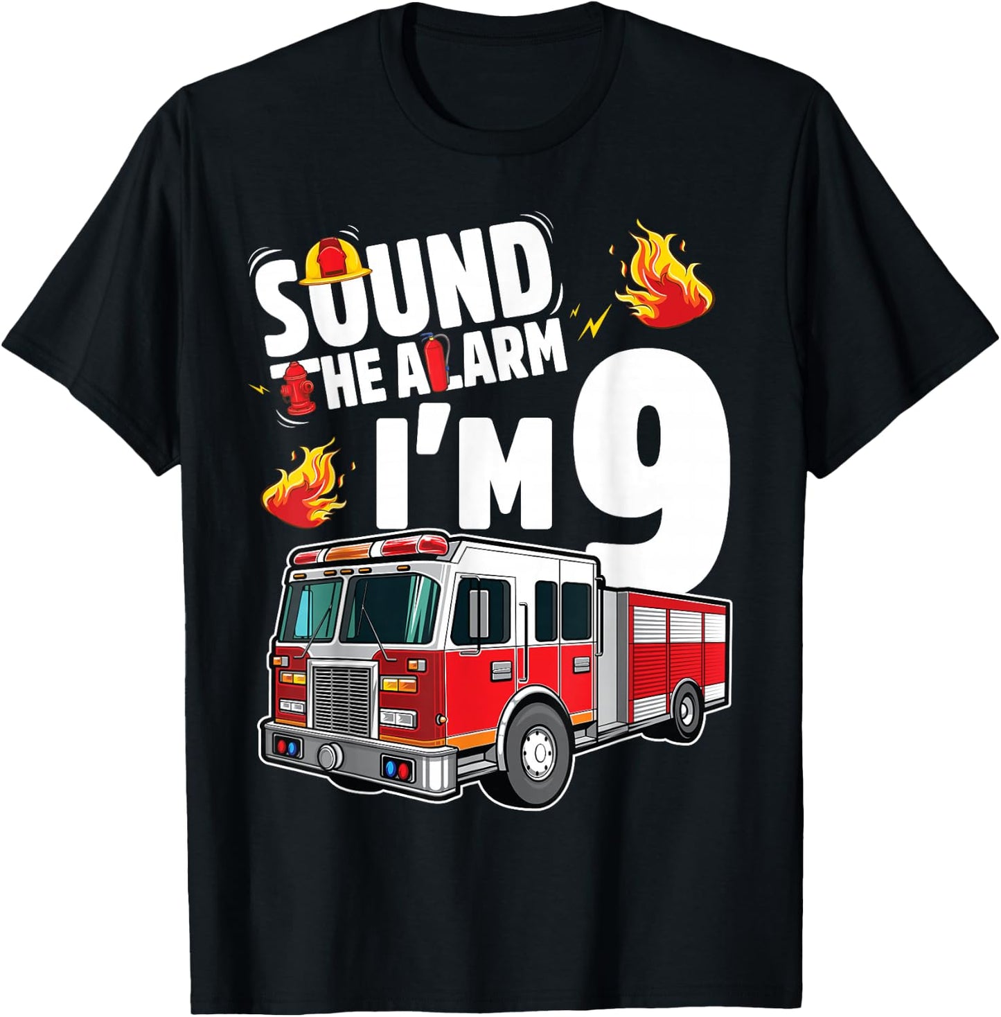 Fire Truck 9th Birthday Boy Firefighter 9 Year Old T-Shirt - T-Shirt | Black