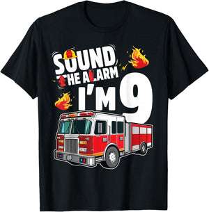 Fire Truck 9th Birthday Boy Firefighter 9 Year Old T-Shirt - T-Shirt | Black