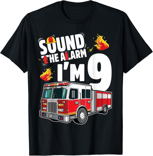Fire Truck 9th Birthday Boy Firefighter 9 Year Old T-Shirt - T-Shirt | Black