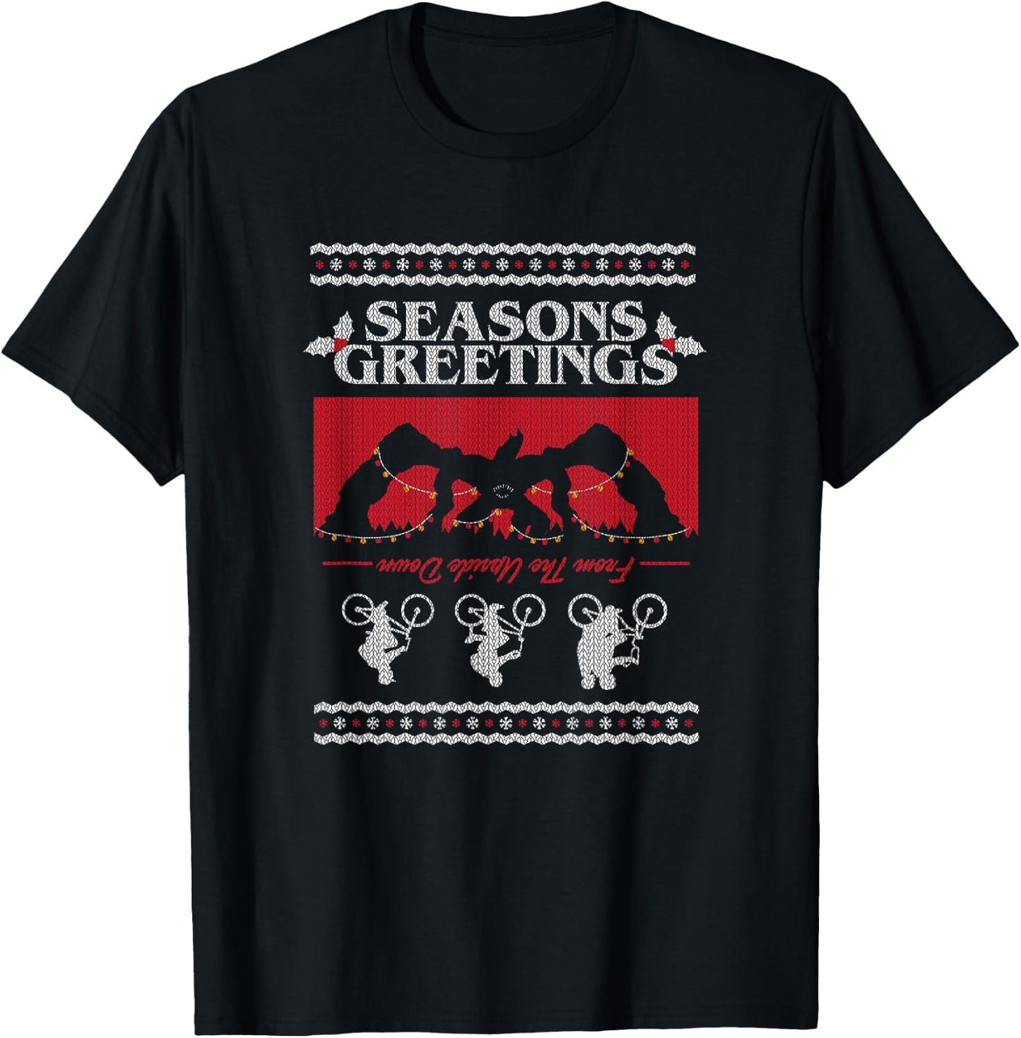 Stranger Things Christmas Seasons Greetings From Upside Down T-Shirt - T-Shirt | Black