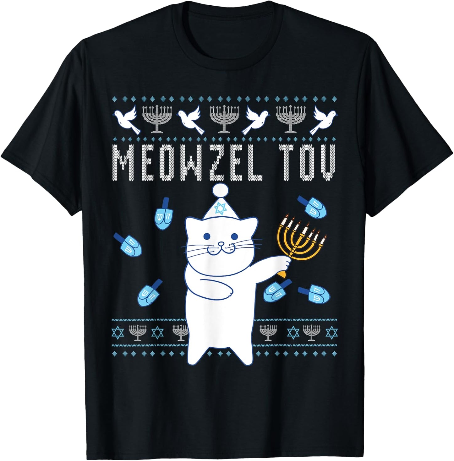 Meowzel Tov Jewish Christmas Cat Funny Ugly Hanukkah Gift Men Women Kids T-Shirt - T-Shirt | Black