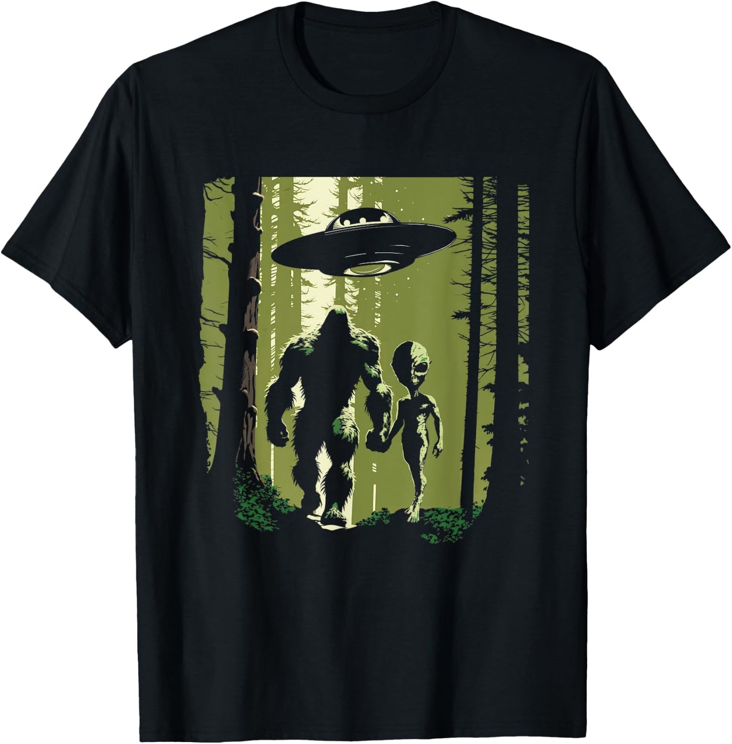 Alien And Bigfoot Forest T-Shirt - T-Shirt | Black