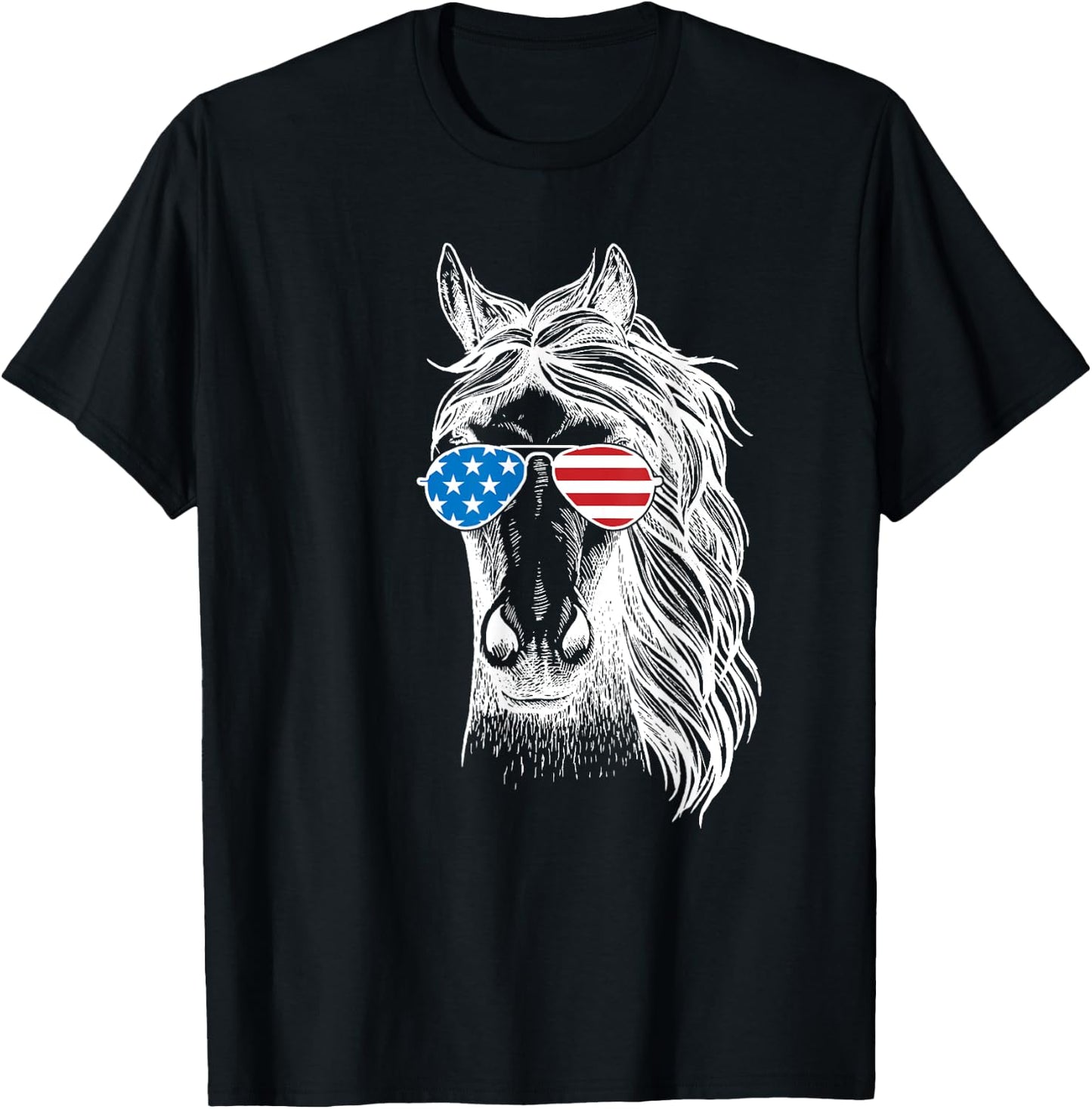 Funny Horse Patriotic USA Flag Aviator Sun Glasses Design Women Kids Men T-Shirt - T-Shirt | Black