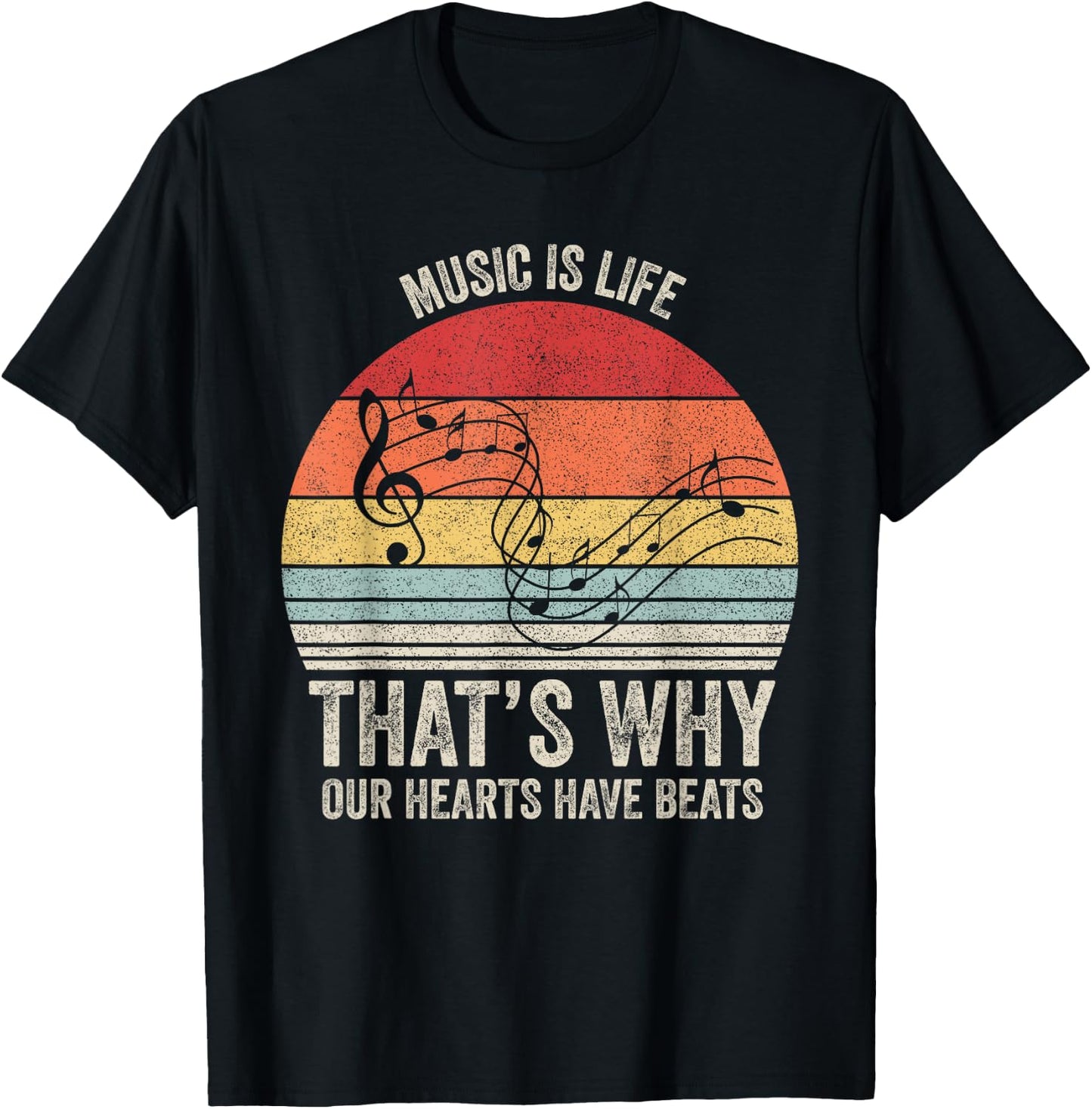 Vintage Retro Music Is Life That's Why Our Hearts Have Beats T-Shirt - T-Shirt | Black