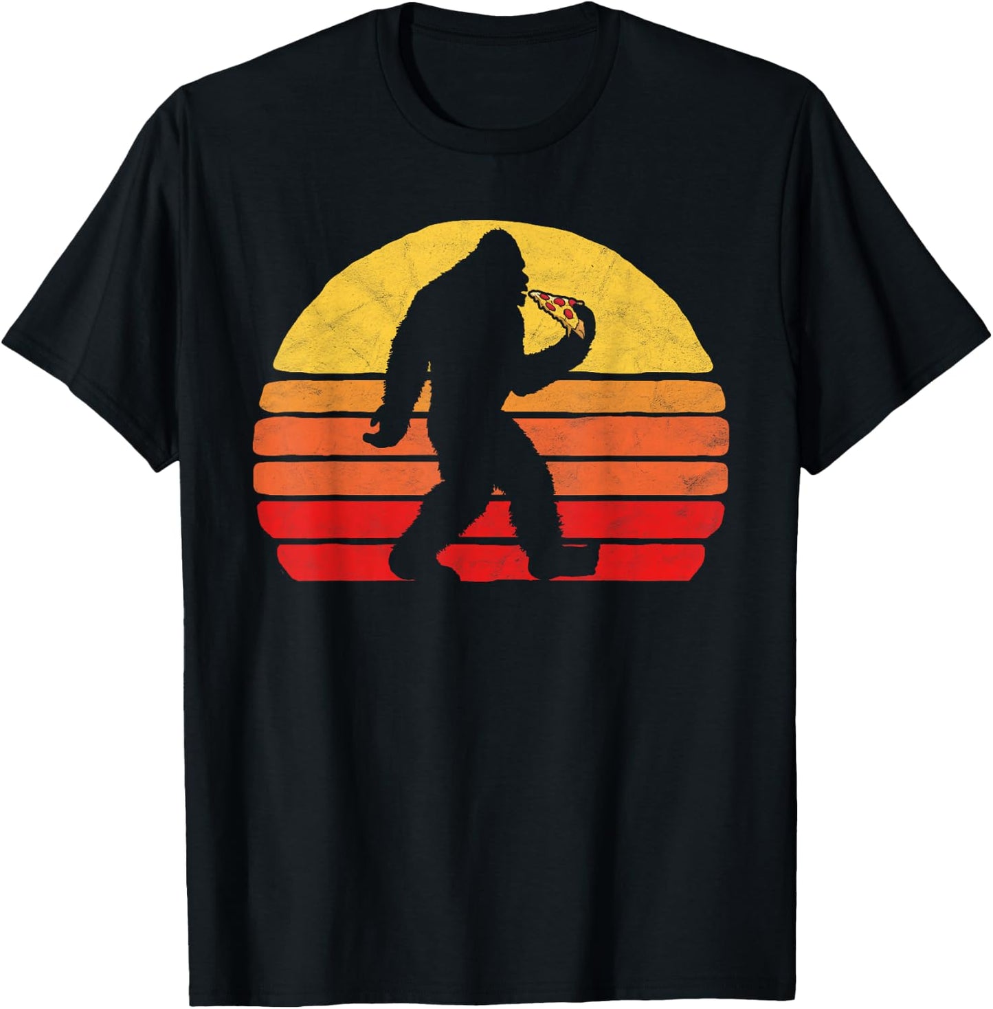 Sasquatch and Pizza! Funny Eating Bigfoot & 80s Sun Graphic T-Shirt - T-Shirt | Black