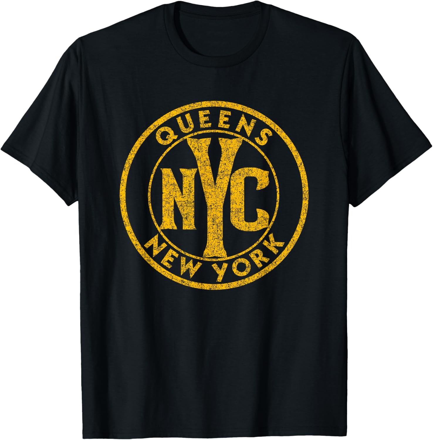 Queens New York NYC Circle Sign Distressed Amber Print T-Shirt - T-Shirt | Black