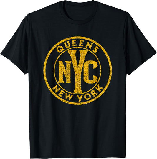Queens New York NYC Circle Sign Distressed Amber Print T-Shirt - T-Shirt | Black
