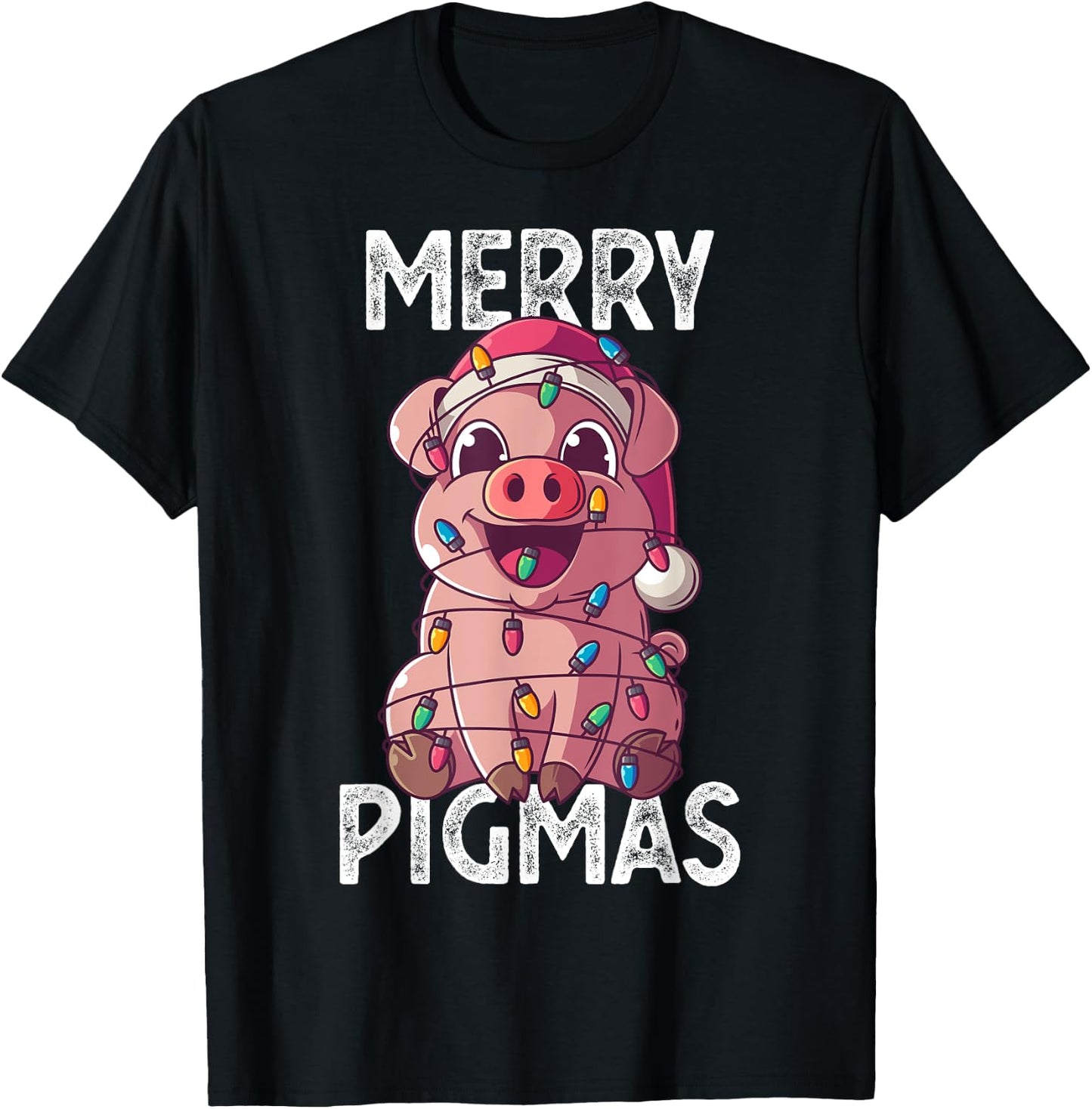 Merry Pigmas Pig Christmas Santa Pig Xmas Lights Farmer Gift T-Shirt - T-Shirt | Black