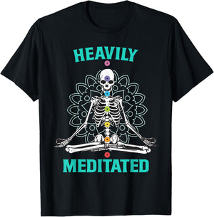 Heavily Meditated Skeleton Funny Yoga Meditation Pun T-Shirt - T-Shirt | Black