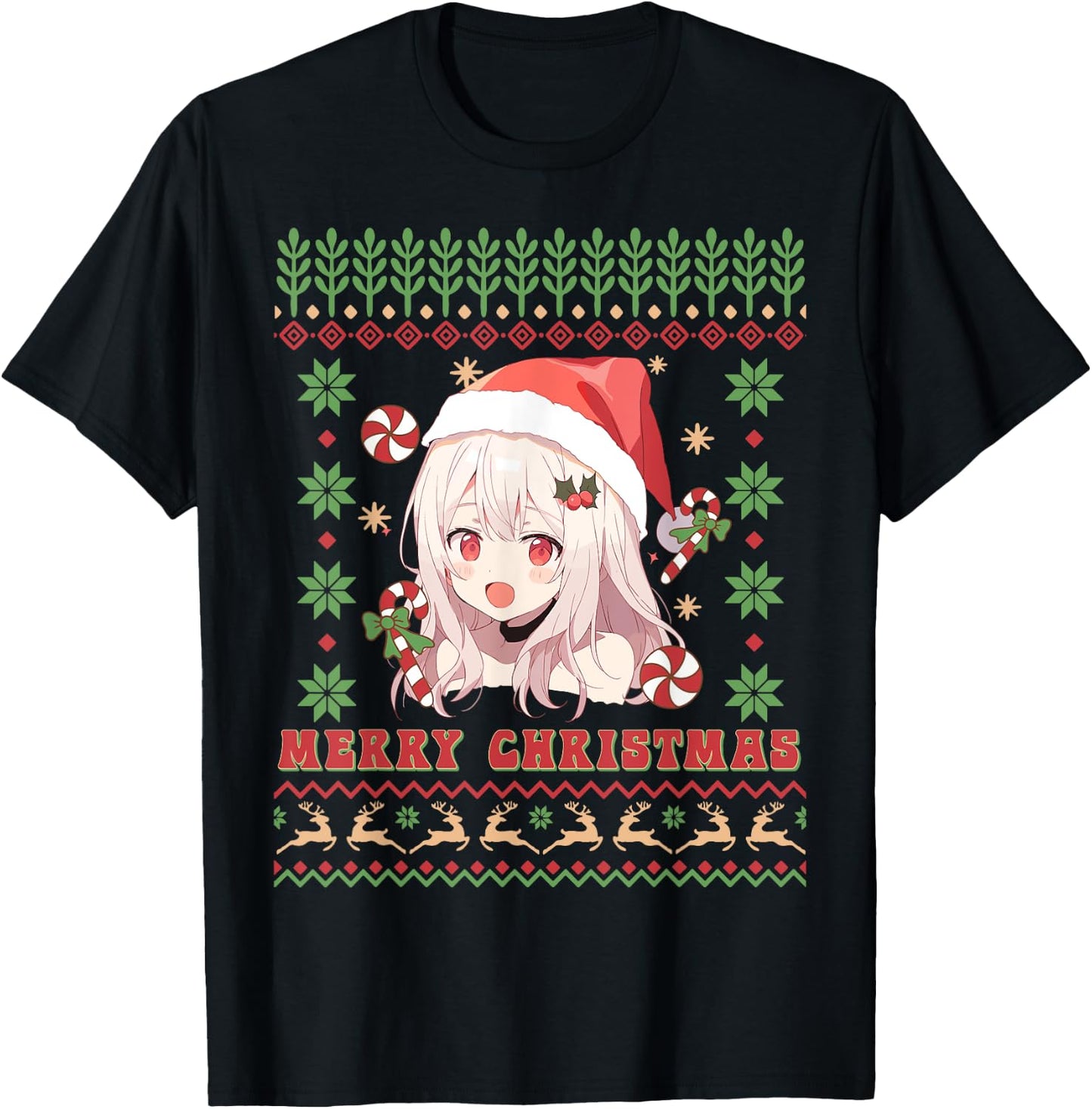 Cute Anime Girl Santa Hat Otaku Ugly Sweater Merry Christmas T-Shirt - T-Shirt | Black