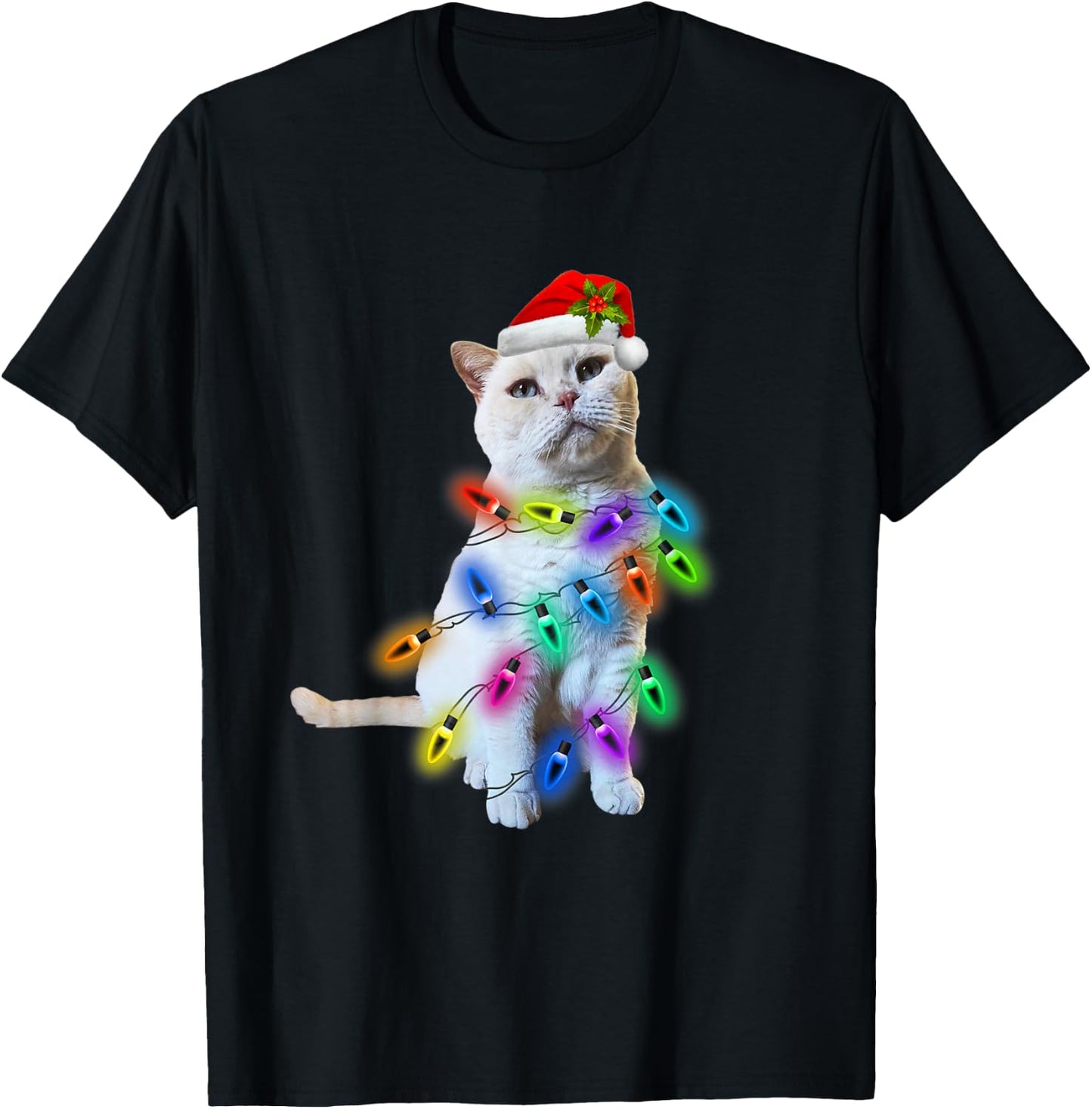 White Cat Christmas light funny cat lover Christmas T-Shirt - T-Shirt | Black