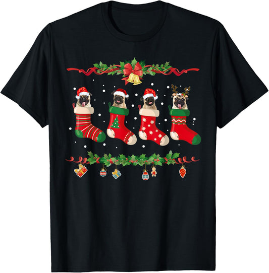 Pug Christmas Shirt Stocking Dog Xmas Sweater T-Shirt - T-Shirt | Black
