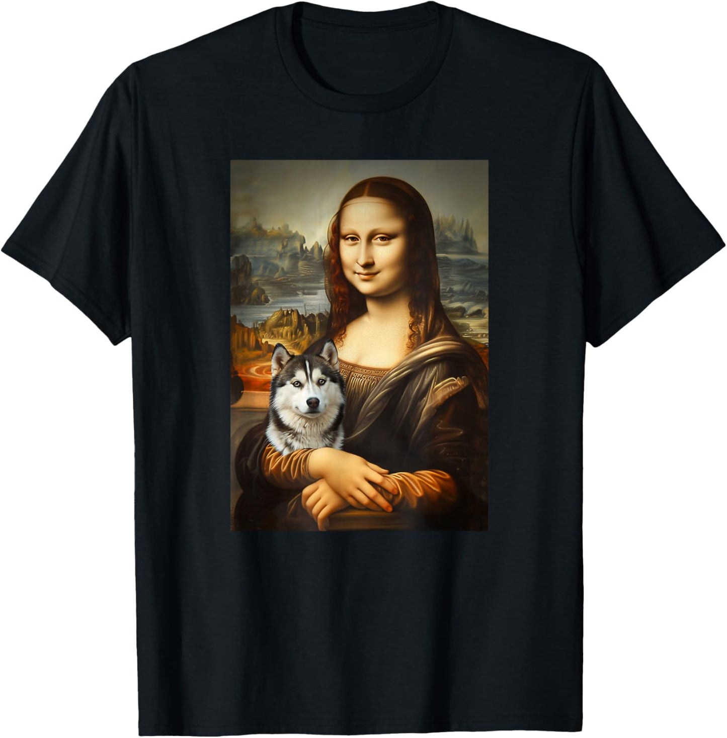 Husky Mona Lisa Painting Art Dog Mom Dad T-Shirt - T-Shirt | Black