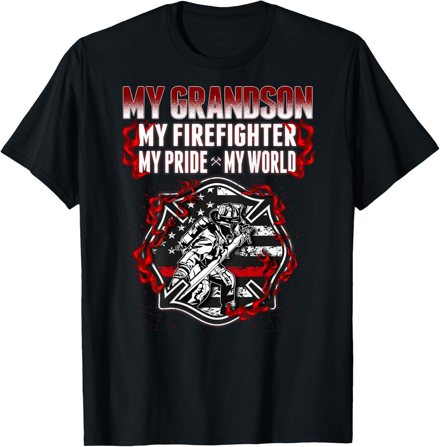 My Grandson Is Firefighter Hero Proud Fire Grandma Grandpa T-Shirt - T-Shirt | Black