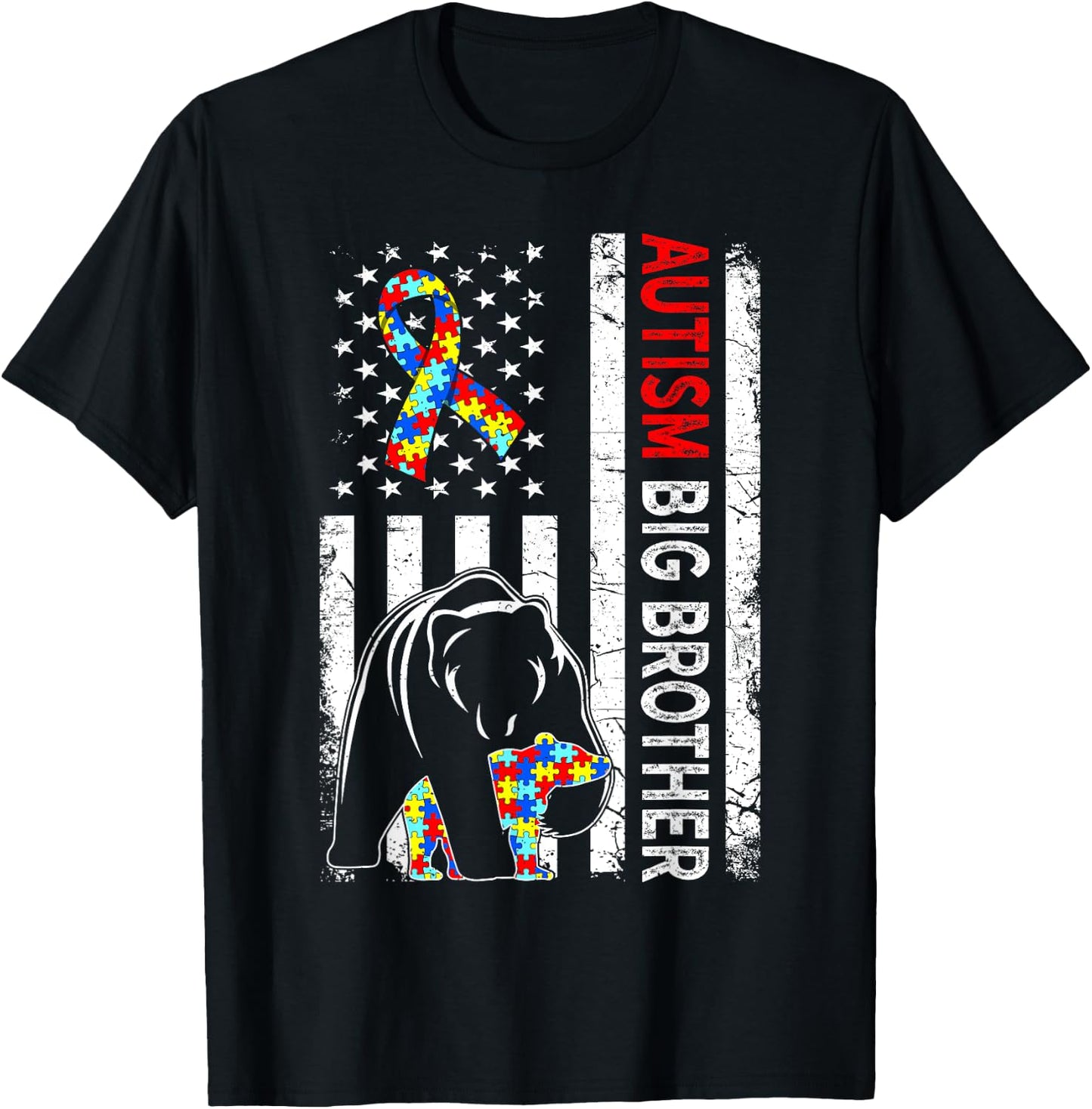 Distressed American Flag Autism Big Brother Bear Awareness Kids Men T-Shirt - T-Shirt | Black