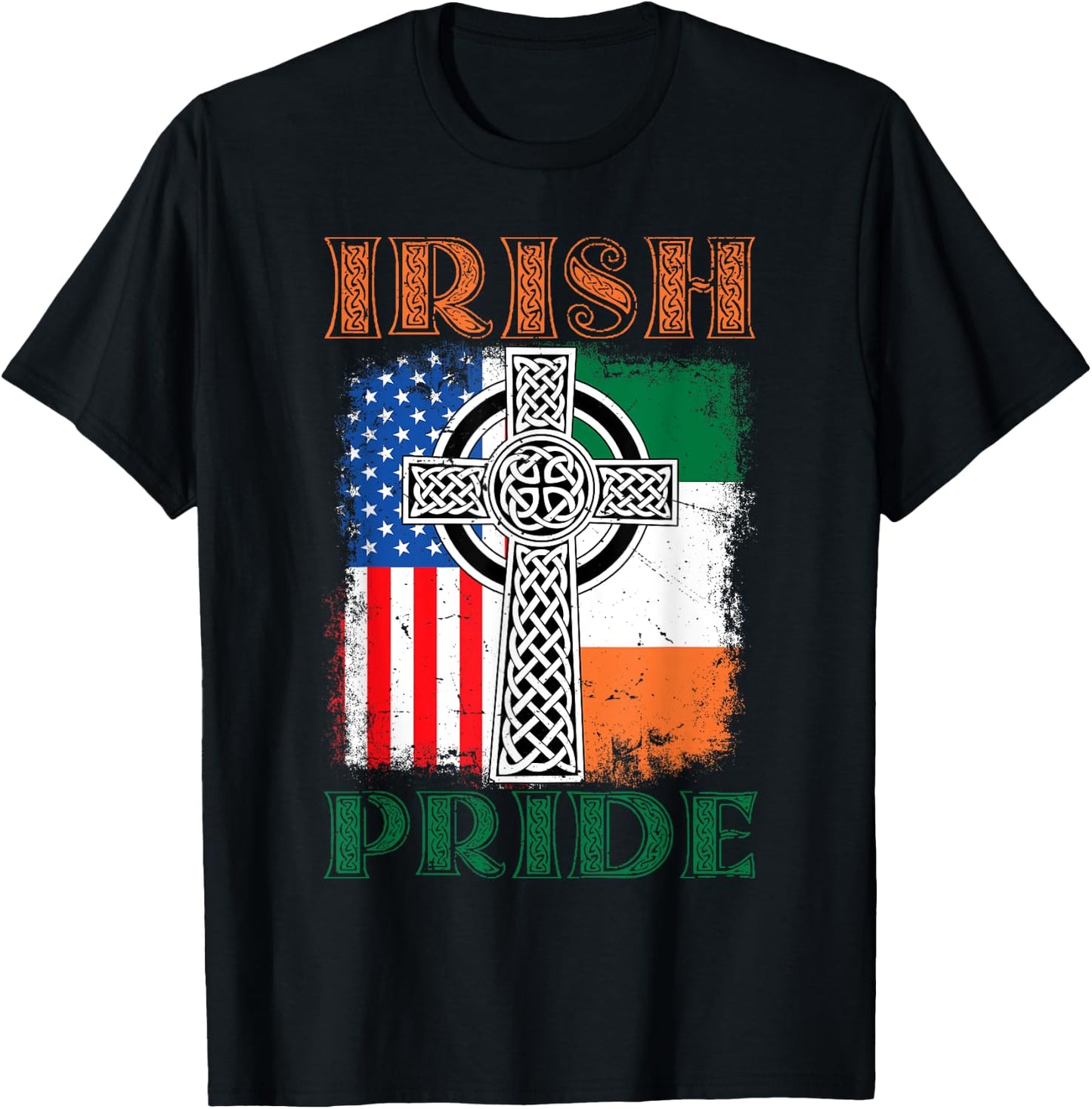 Irish Pride Celtic Cross Ireland & USA Flag St Patricks Day T-Shirt - T-Shirt | Black