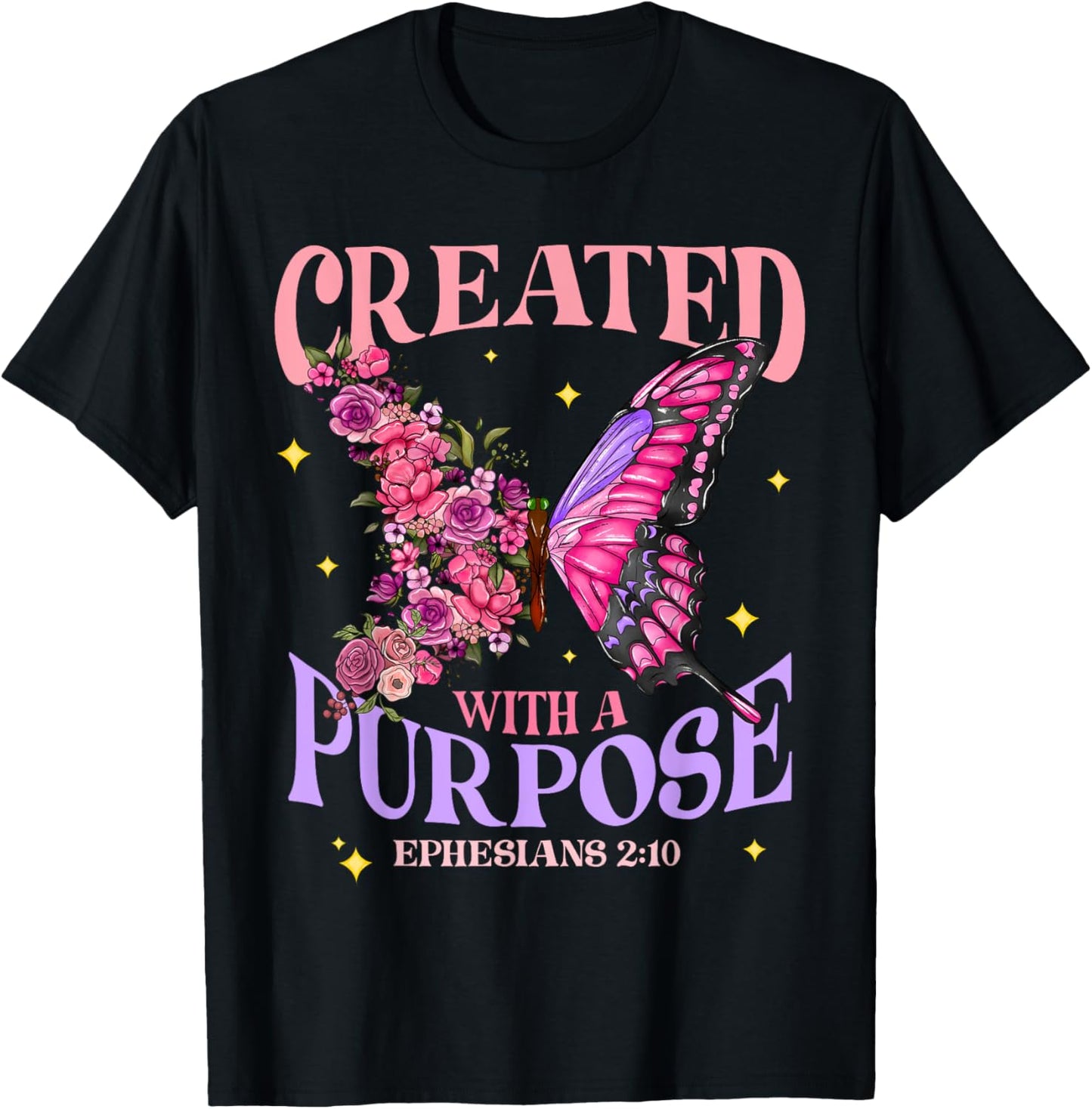 Created With A Purpose Christian Butterfly Floral Jesus T-Shirt - T-Shirt | Black