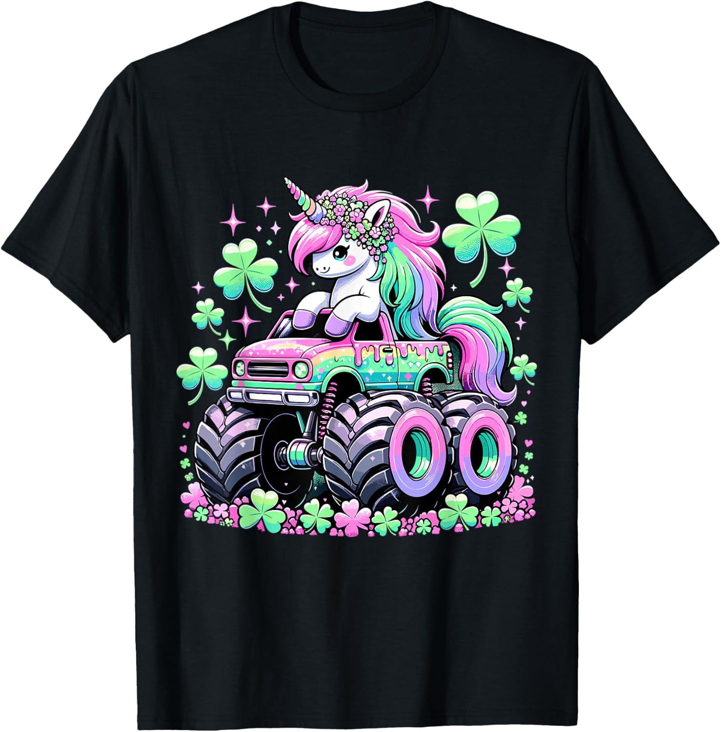 St Patricks Day Girl Monster Truck Unicorn St Patricks Day T-Shirt - T-Shirt | Black