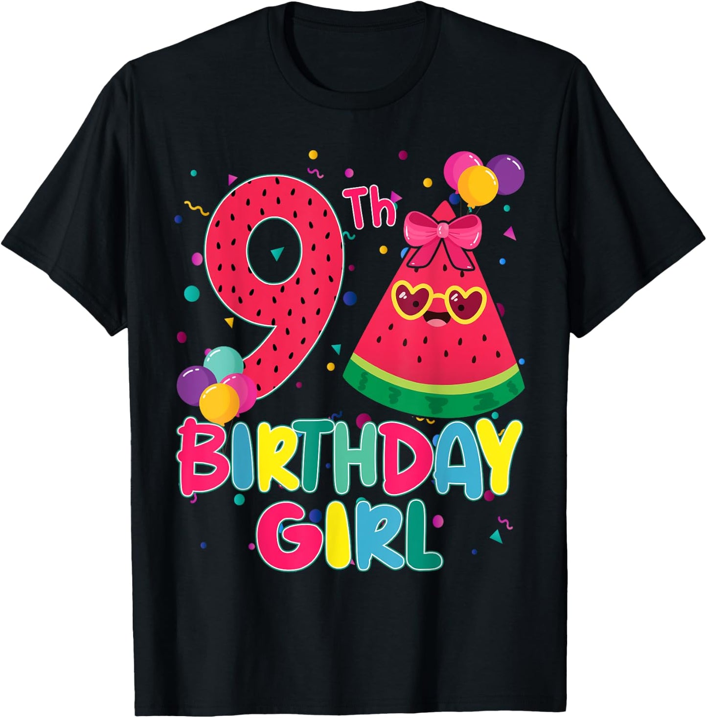Watermelon 9th Birthday Decorations 9 Year Old B-Day Age T-Shirt - T-Shirt | Black