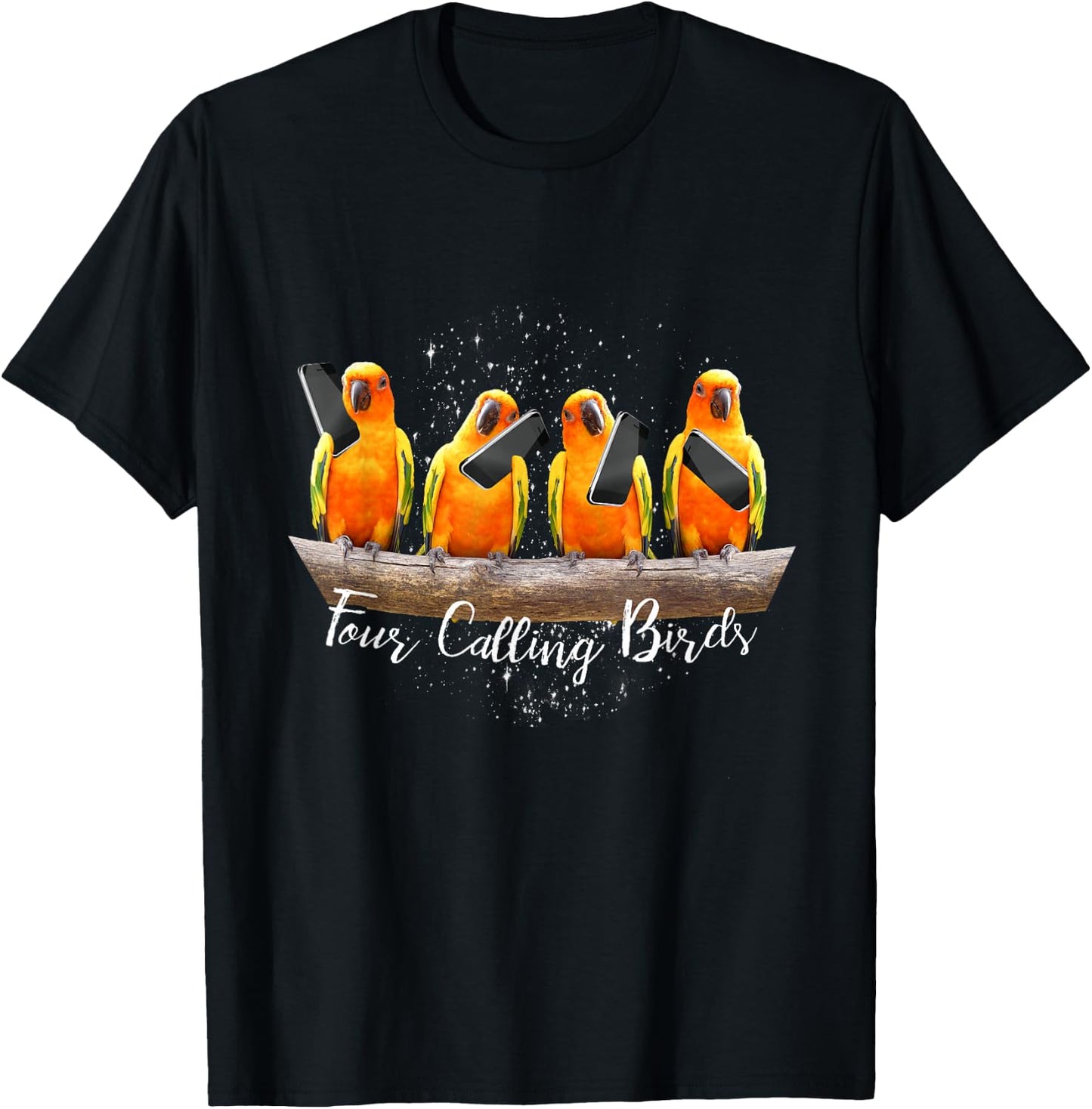 4 Four Calling Birds, Bird Phone, 12 Twelve Days Christmas T-Shirt - T-Shirt | Black
