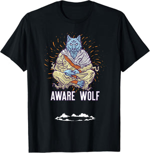 AWARE WOLF Funny Meditation Wolves Meditate Word Game T-Shirt - T-Shirt | Black