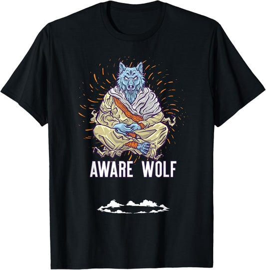 AWARE WOLF Funny Meditation Wolves Meditate Word Game T-Shirt - T-Shirt | Black