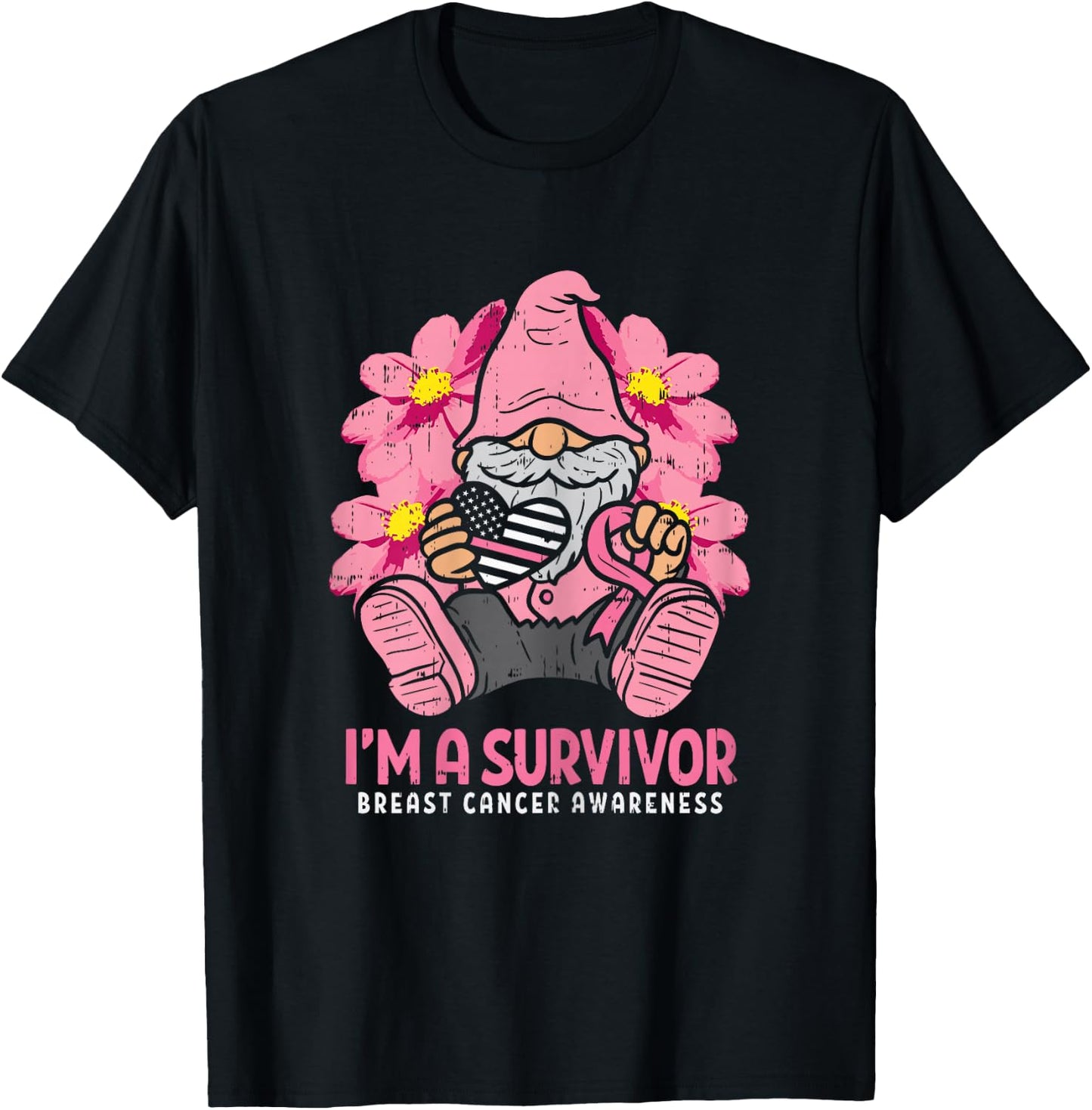 Breast Cancer Survivor Pink Ribbon Gnome US Flag Heart Gift T-Shirt - T-Shirt | Black