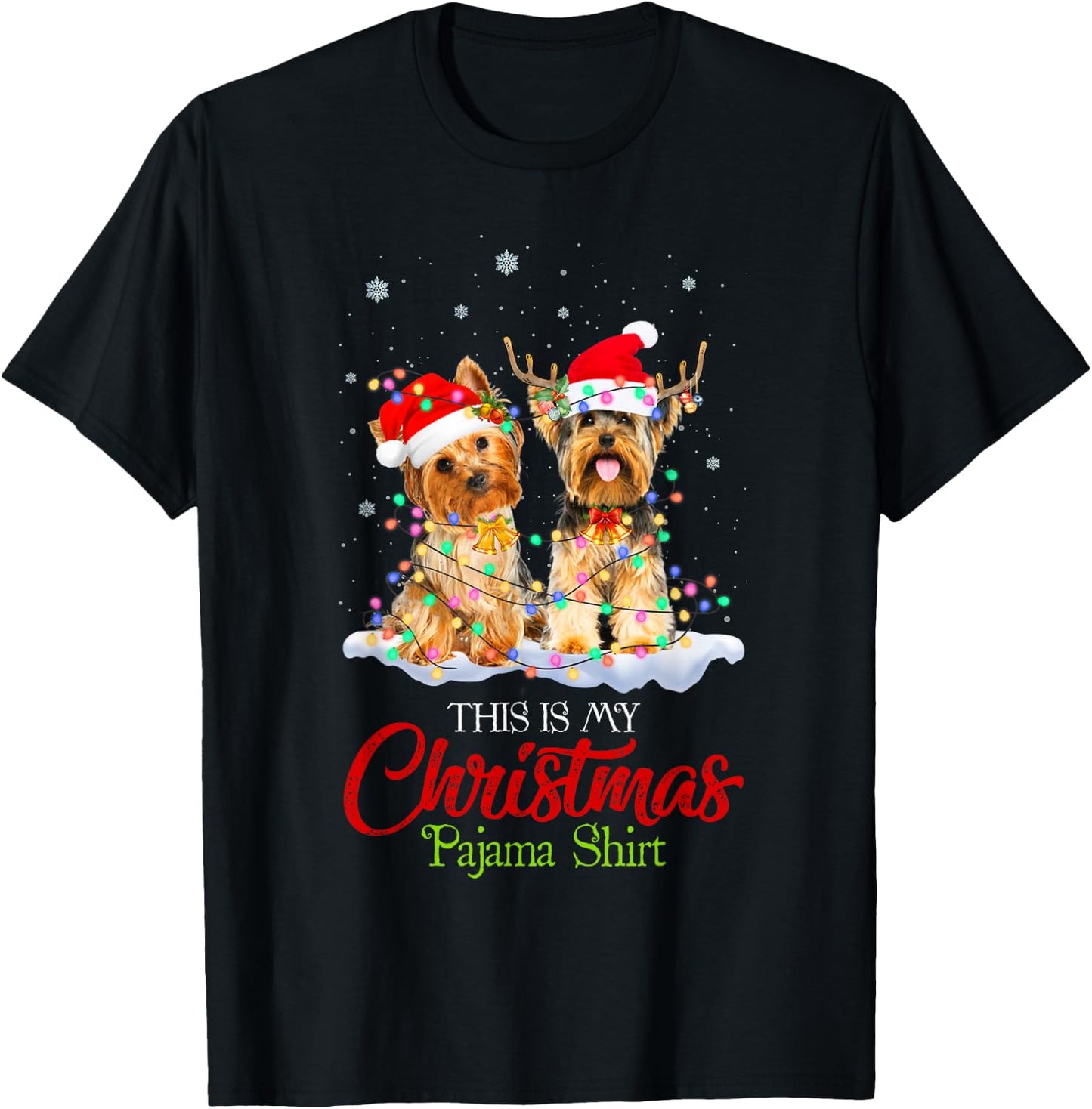 This Is My Christmas Pajama Shirt Yorkie Santa Hat Lights T-Shirt - T-Shirt | Black