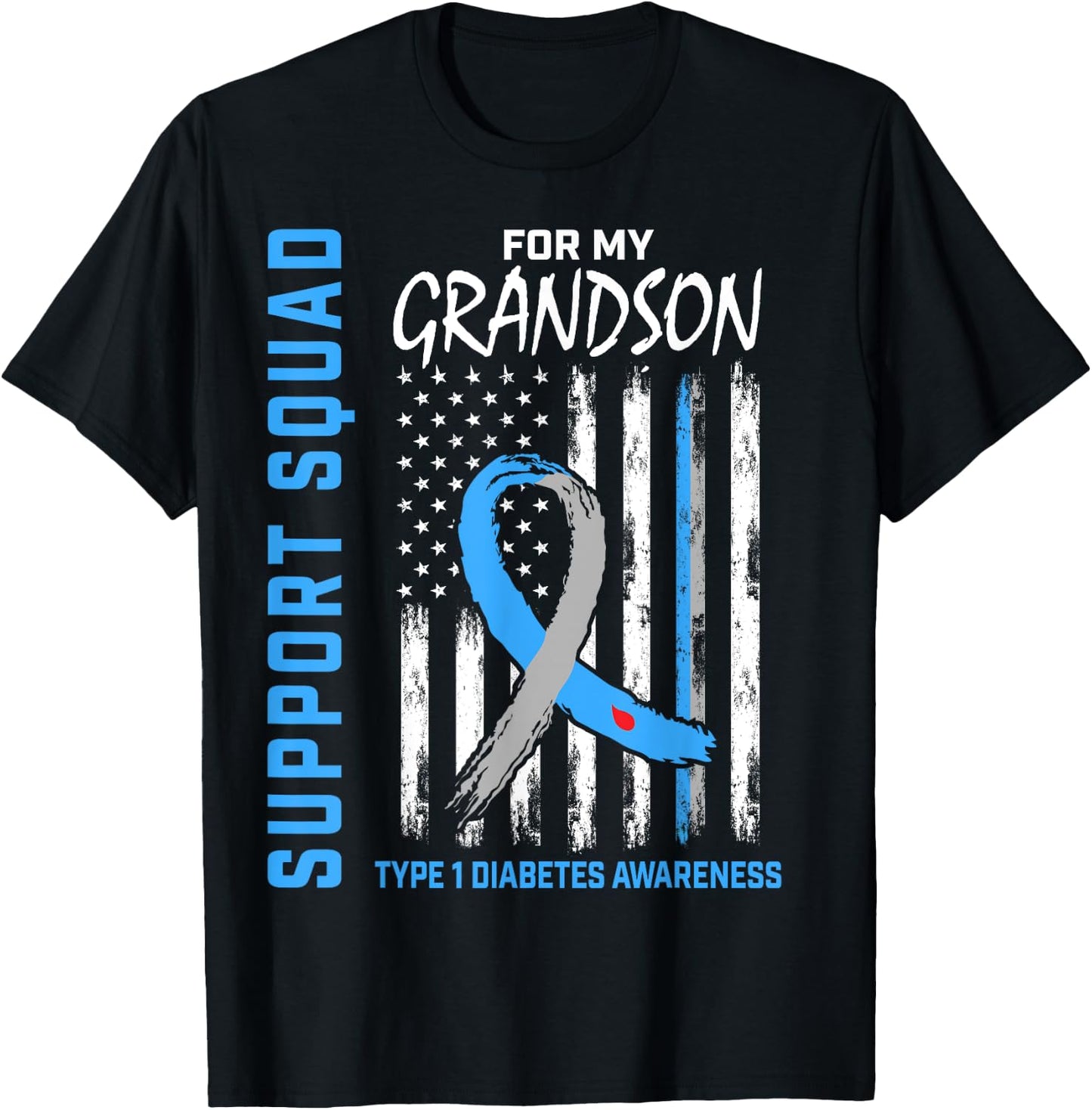 Type One Diabetes Awareness Shirt Grandson Support T1D Flag T-Shirt - T-Shirt | Black
