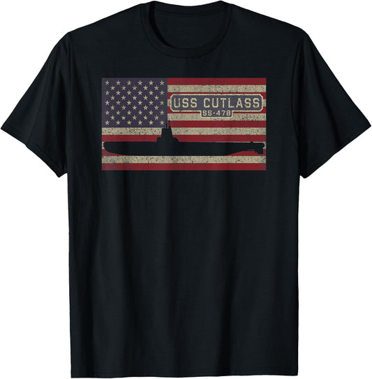 USS Cutlass SS-478 Submarine USA American Flag T-Shirt - T-Shirt | Black