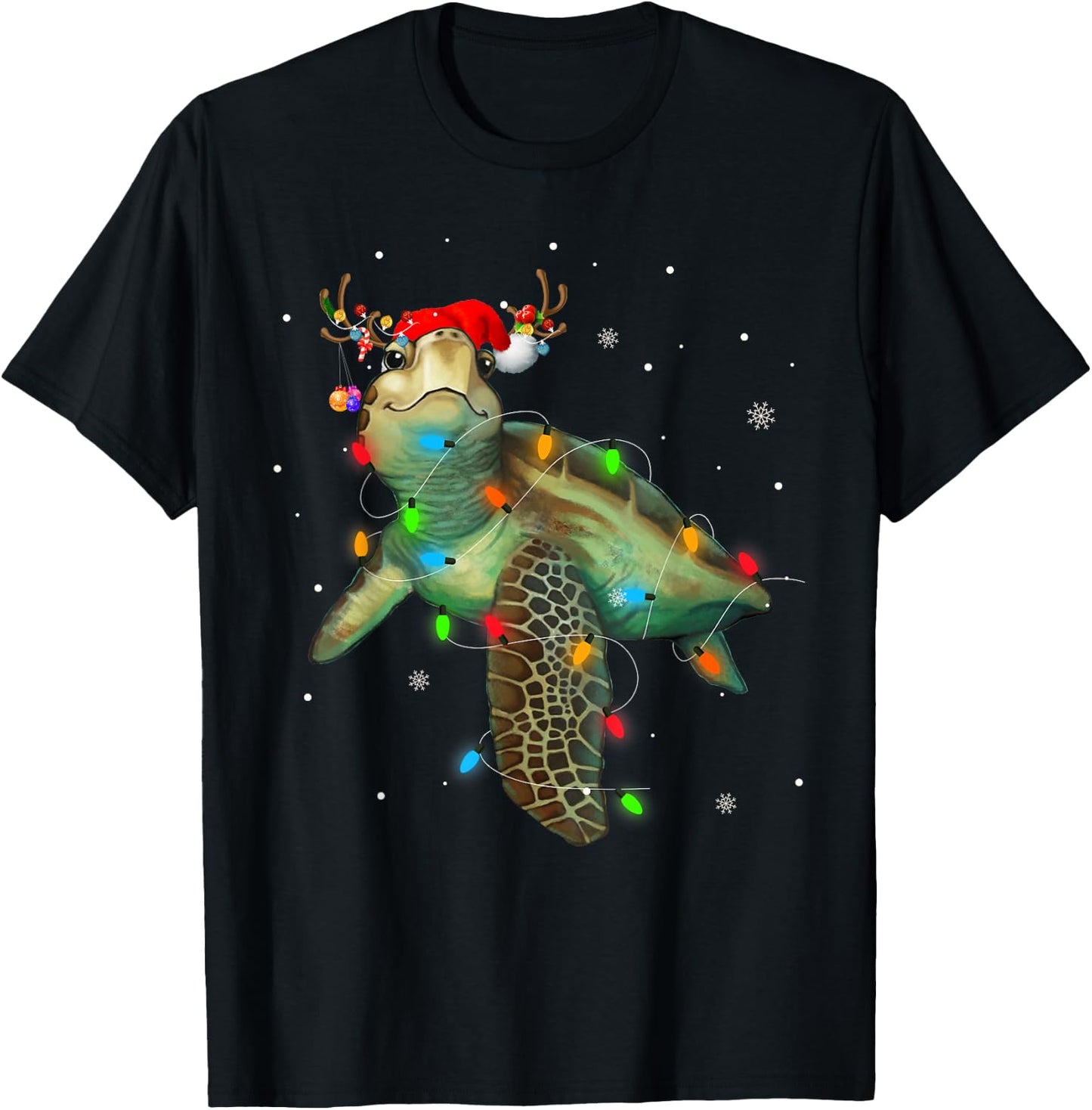 Sea Turtle Christmas Lights Funny Santa Hat Merry Christmas T-Shirt - T-Shirt | Black