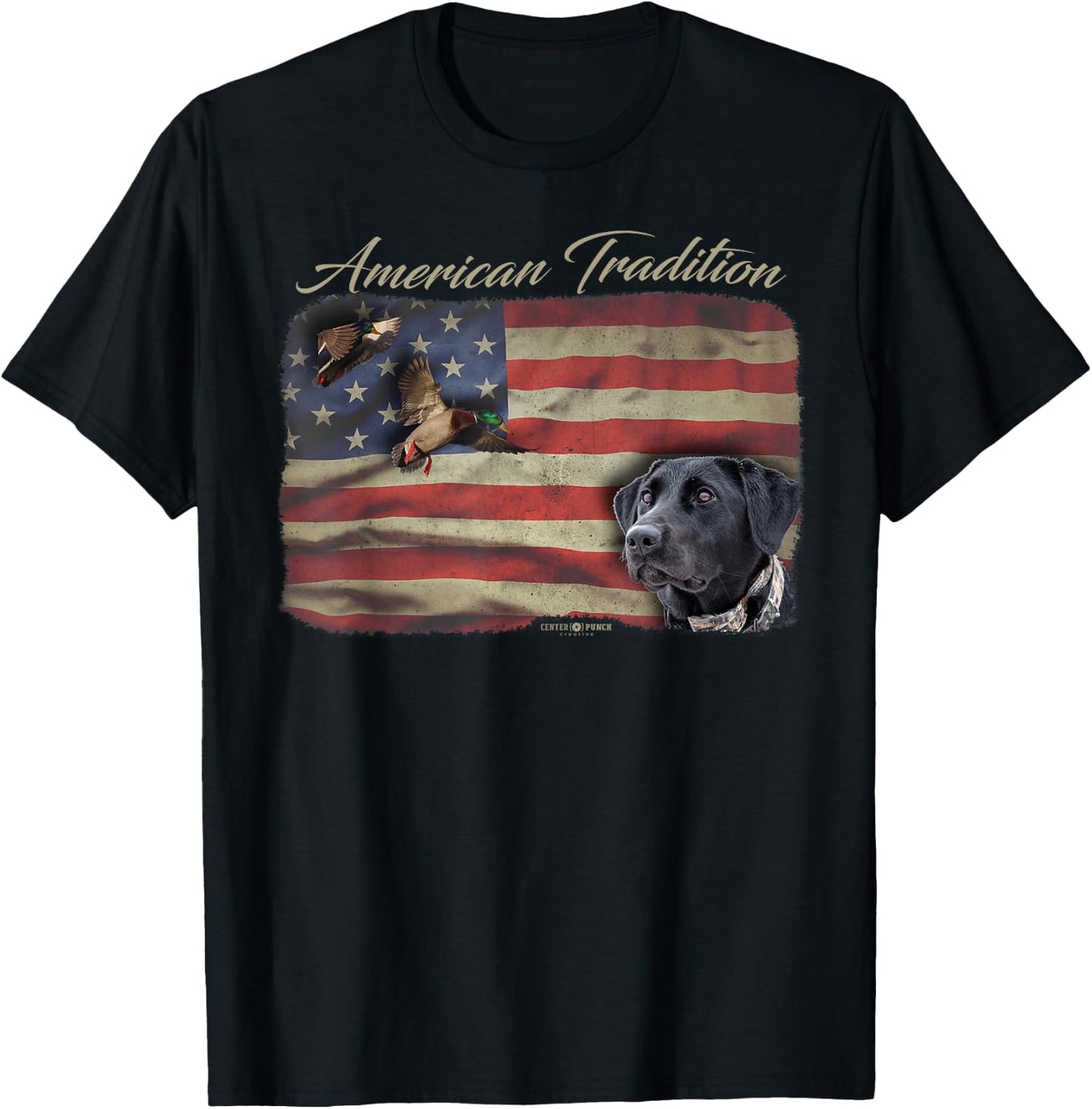 American Tradition Waterfowl Duck Hunting Dog Black Lab Flag Men Women Kids T-Shirt - T-Shirt | Black