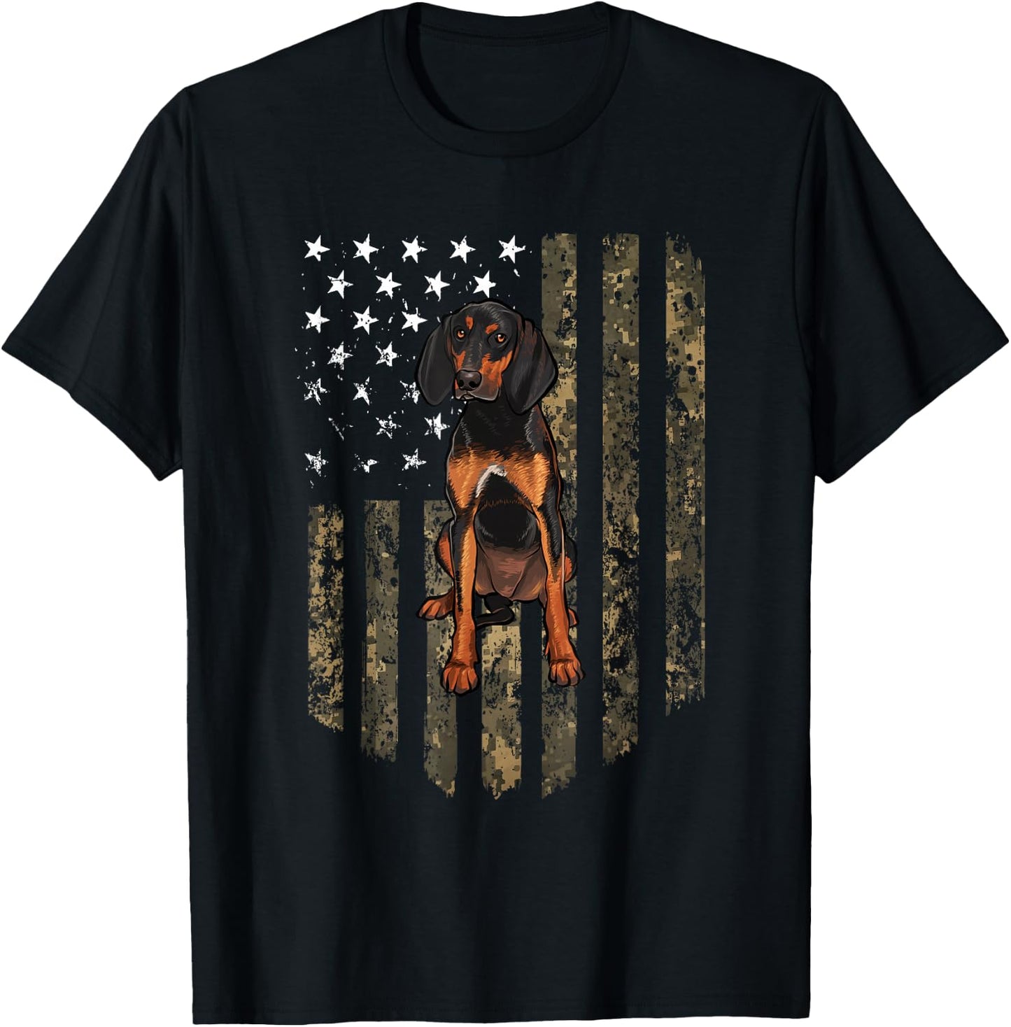 Camo American Flag Black and Tan Coonhound 4th Of July USA T-Shirt - T-Shirt | Black