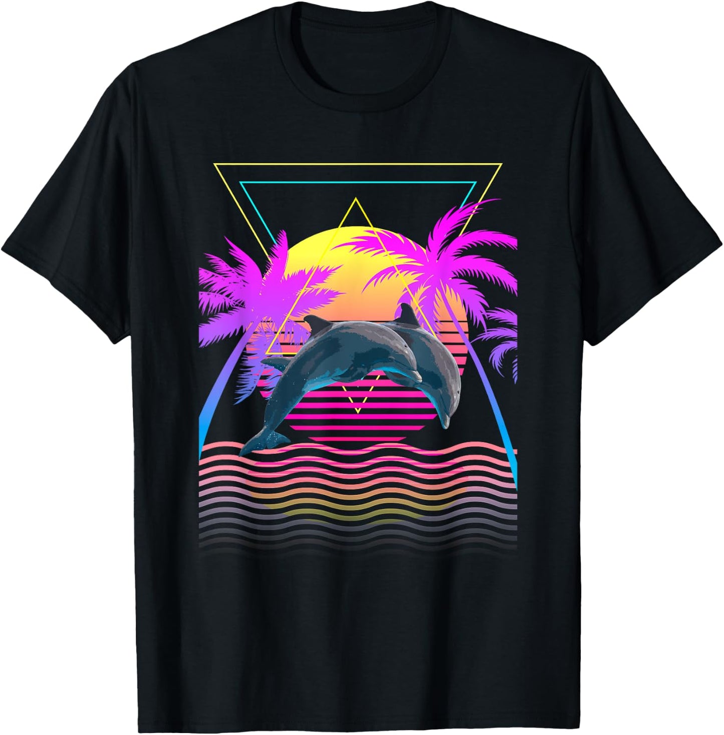 Retro 1980s 1990s Dolphins Palm Trees Sunset Beach Art T-Shirt - T-Shirt | Black