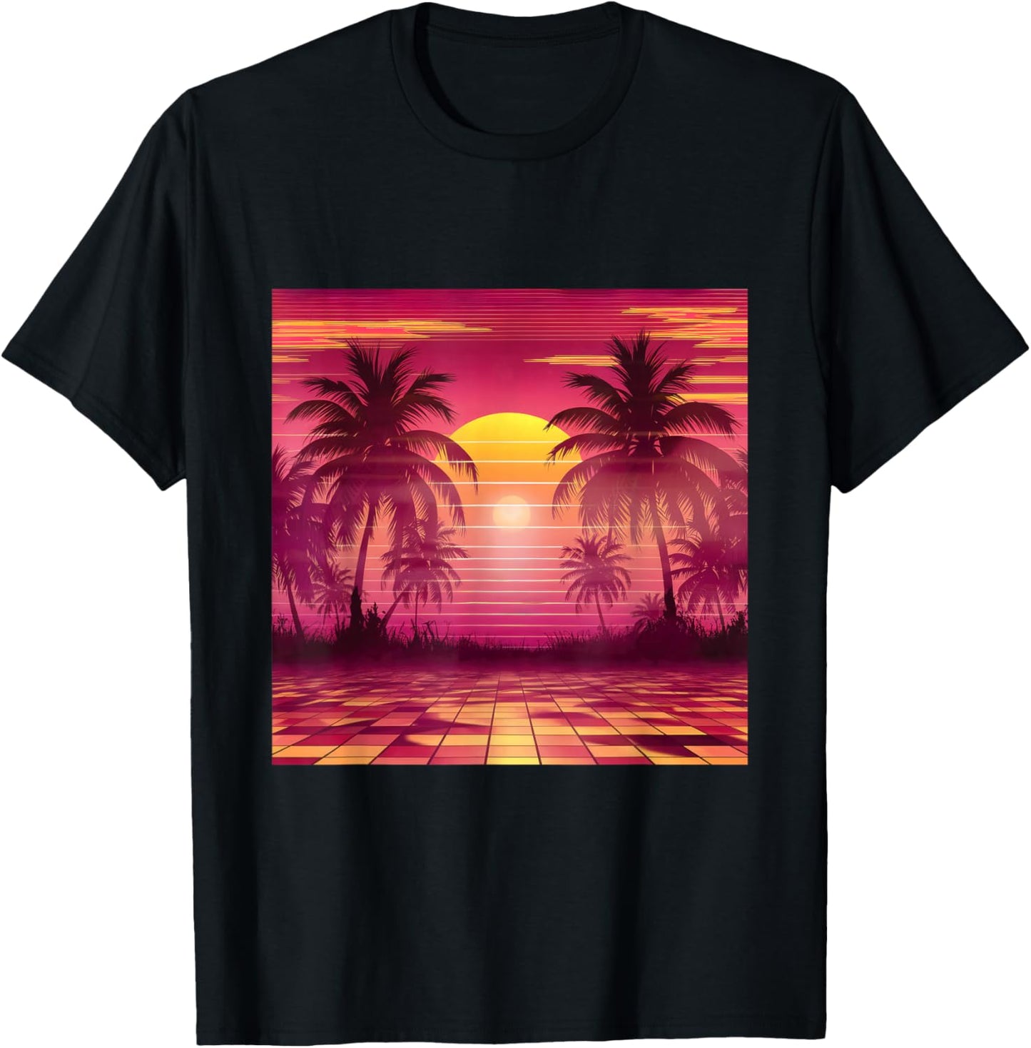 Synthwave Retro Vaporwave Tropical Palm Trees Sunset 90s Art T-Shirt - T-Shirt | Black