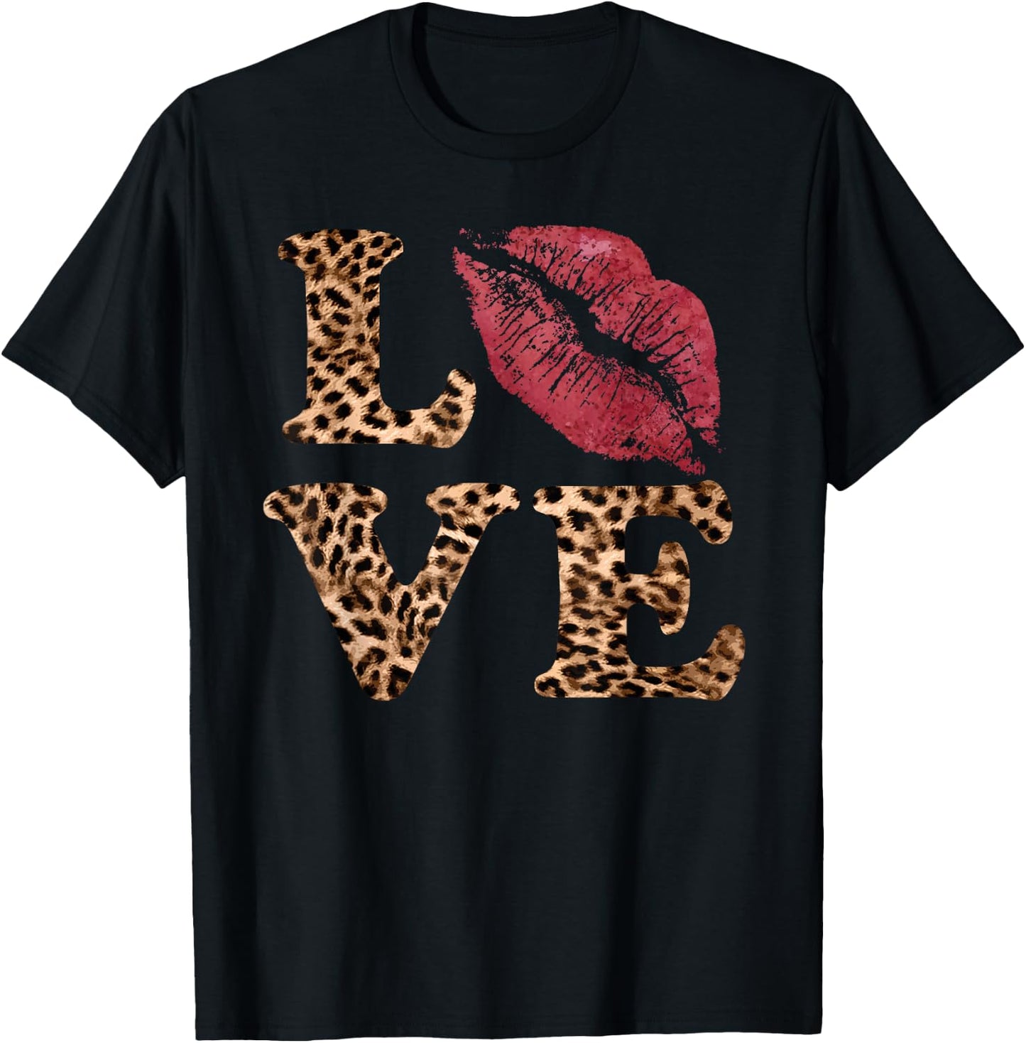 Leopard Print LOVE Red Lips Word Letter Cute Valentine T-Shirt - T-Shirt | Black