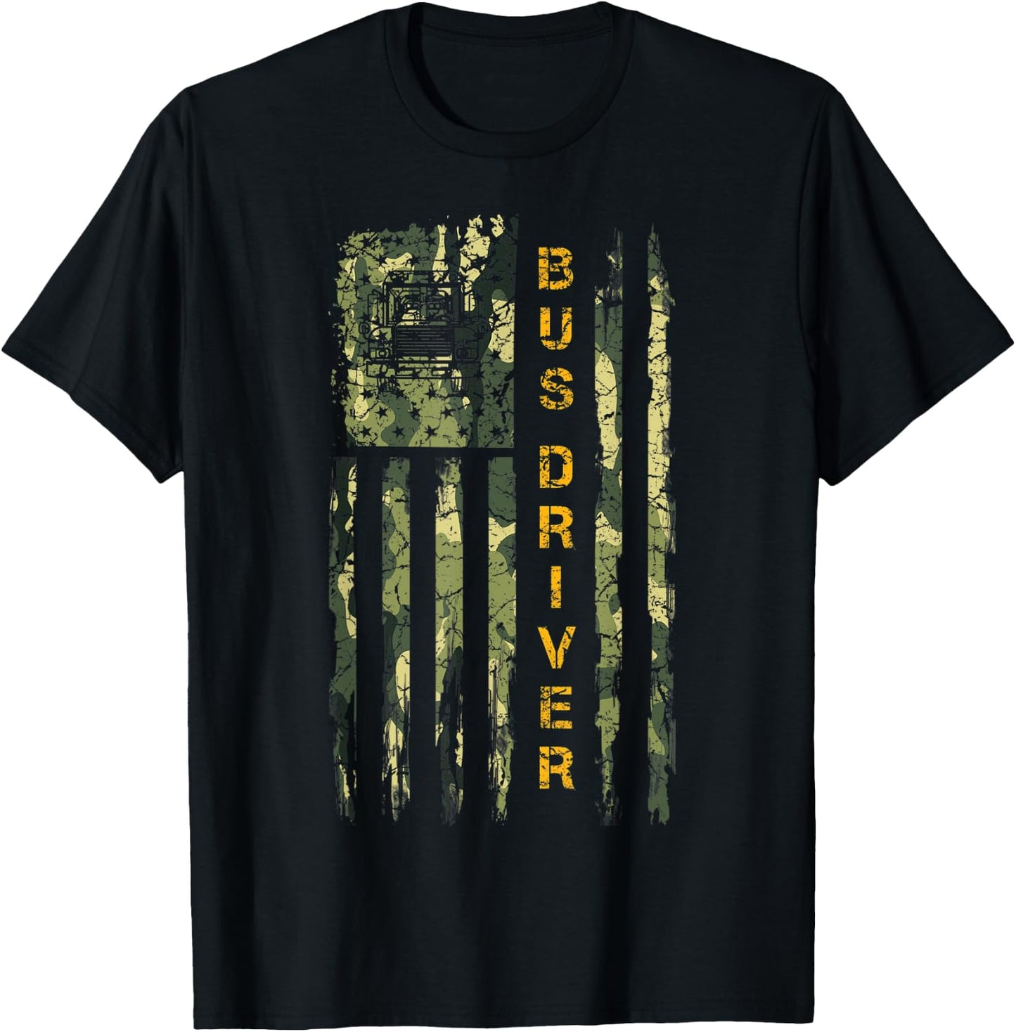 Vintage US Camo Flag School Bus Driver Silhouette Distressed T-Shirt - T-Shirt | Black