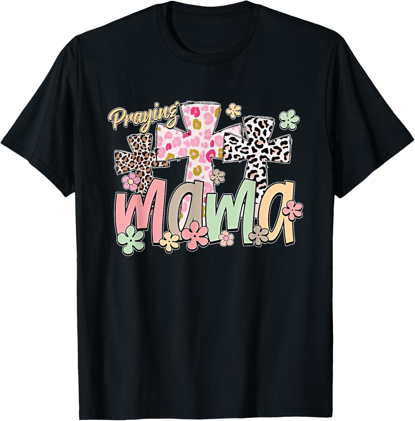 Praying Mama Retro Groovy Leopard Flowers Jesus Mama Women T-Shirt - T-Shirt | Black
