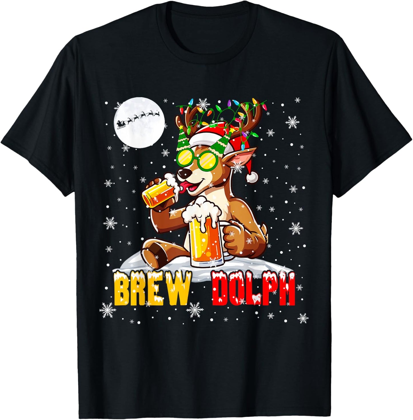Brew Dolph Funny Reindeer Sunglasses Xmas Tree Drinking Beer T-Shirt - T-Shirt | Black
