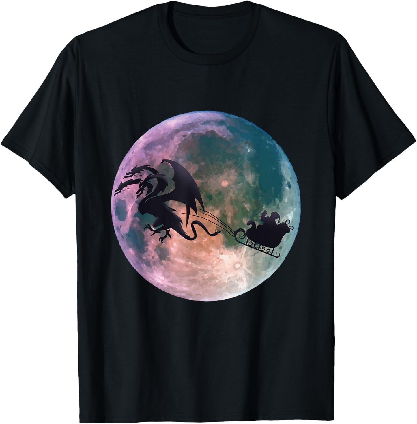 Christmas Santa Claus Flying Past the Moon With Dragon Gift T-Shirt - T-Shirt | Black