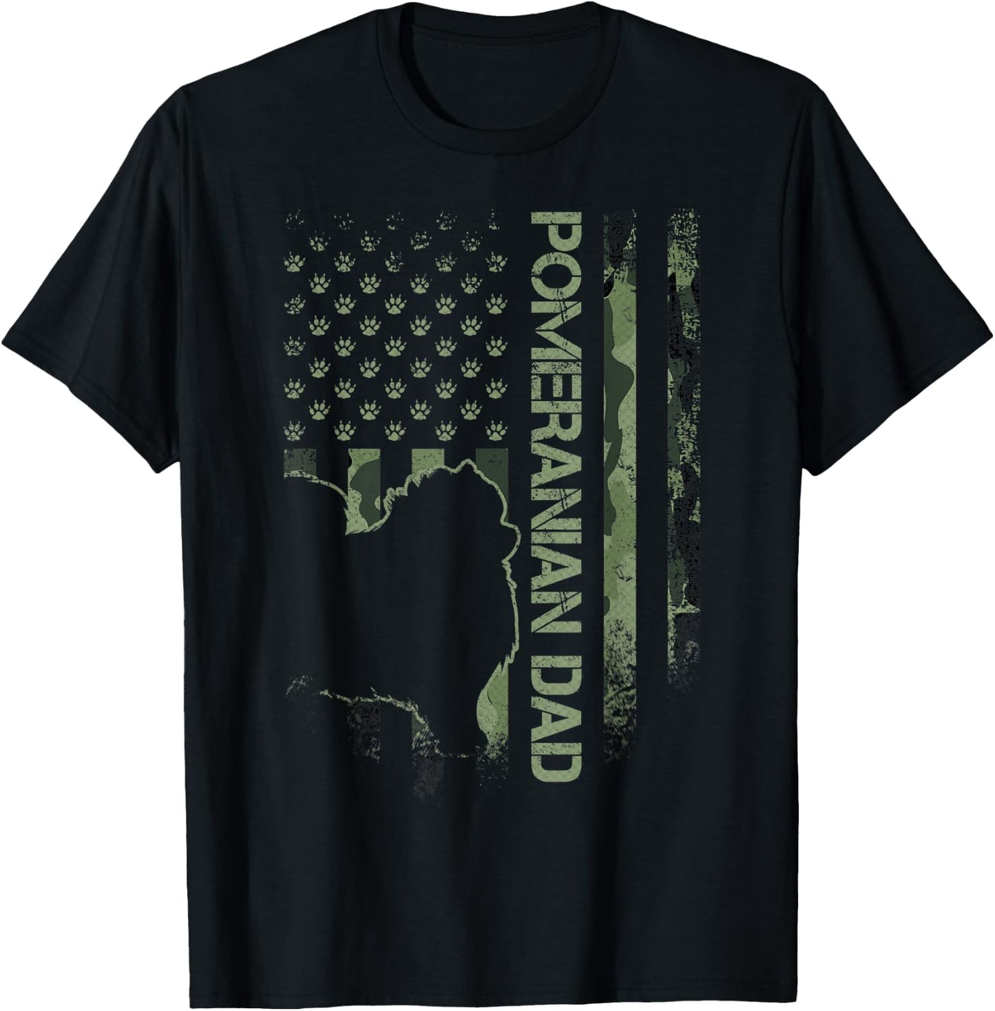 American Camo Flag Proud Pomeranian Dog Dad Pom Silhouette T-Shirt - T-Shirt | Black